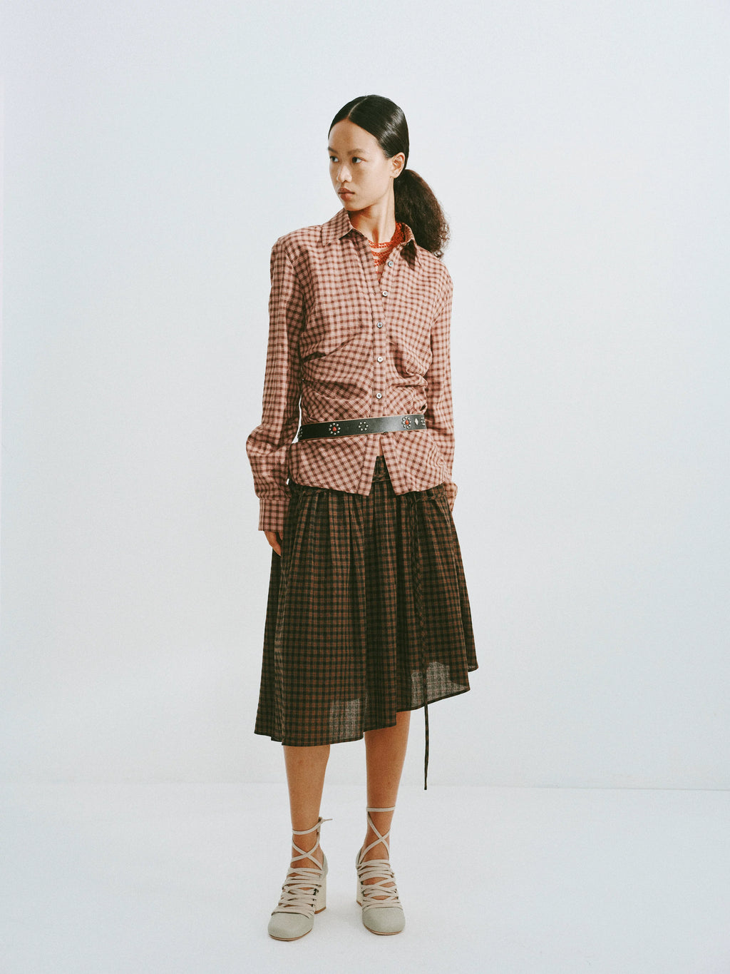 Pleated Plaid Cotton Button-Down Shirt