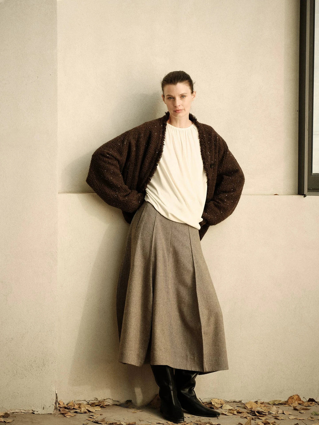 Herringbone Wool Curved Hem Skirt