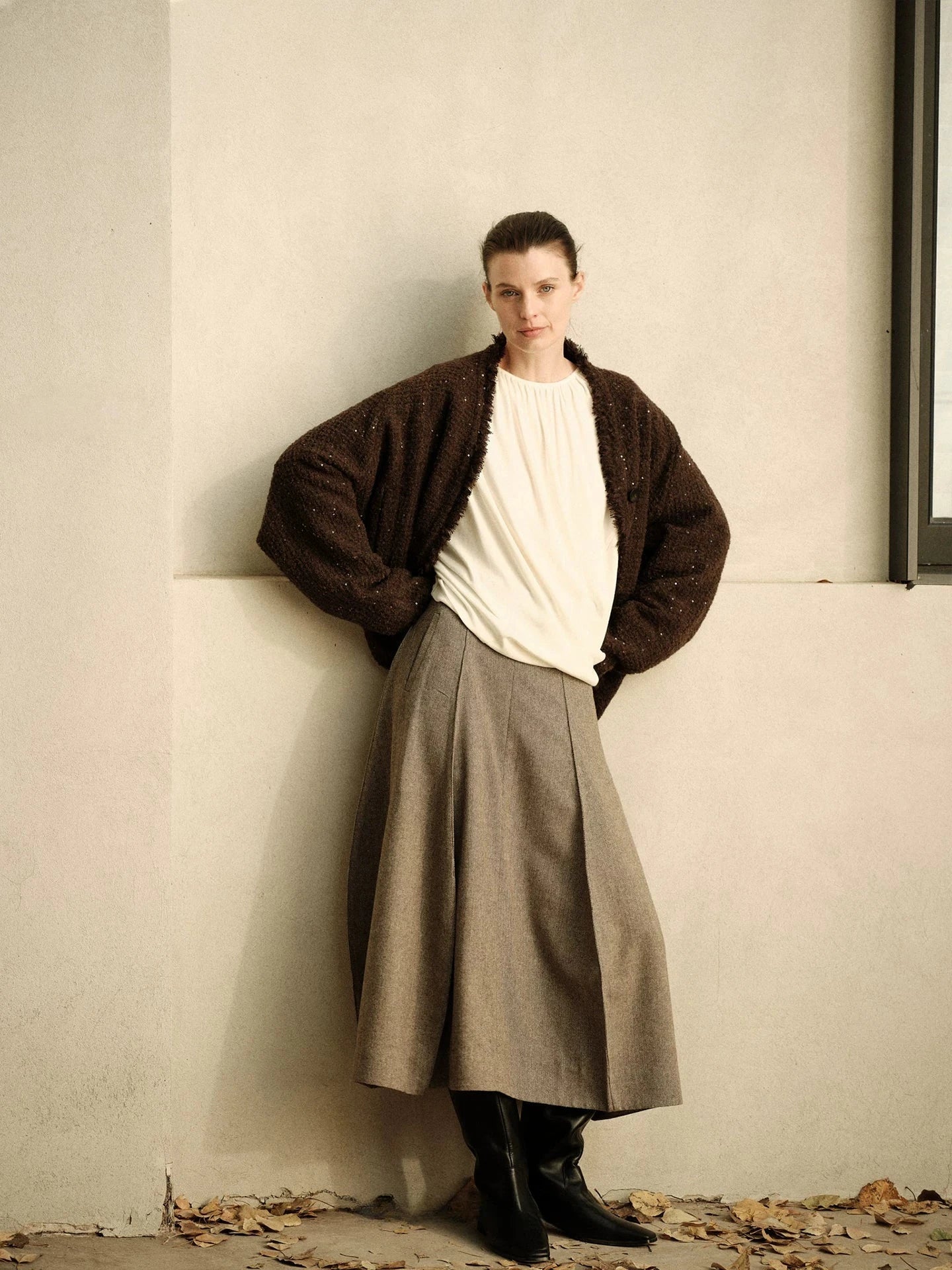 Herringbone Wool Curved Hem Skirt