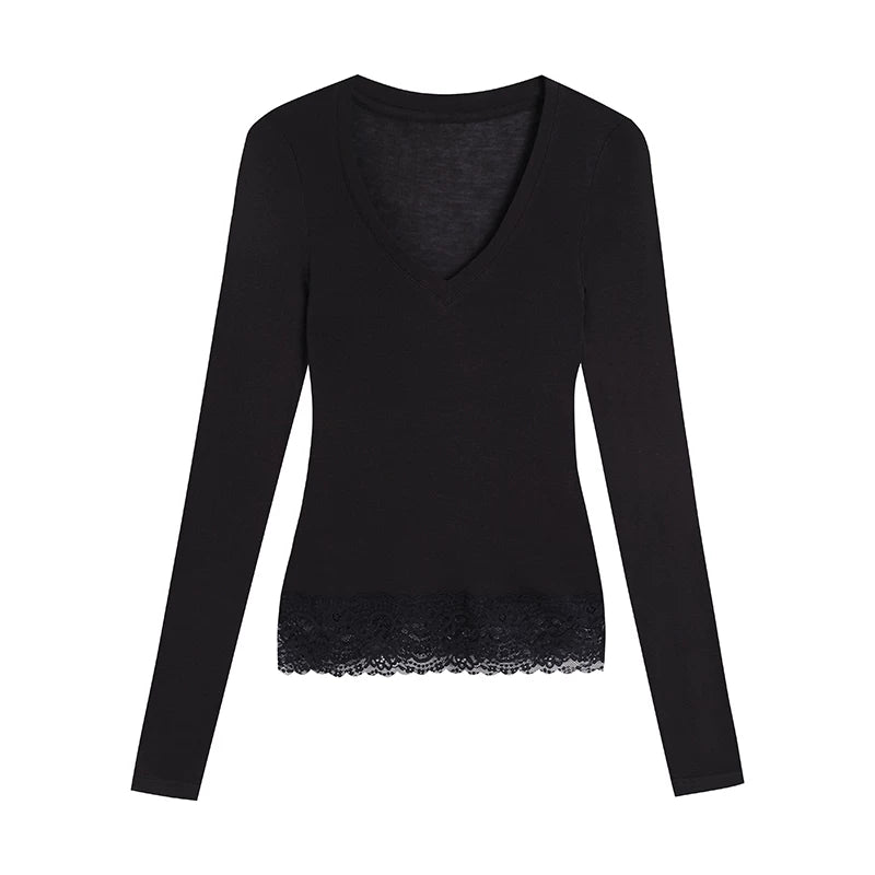 Lace-Trimmed Tencel Wool V-Neck Top