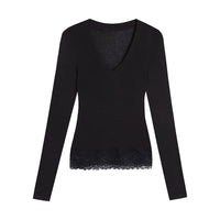 Lace-Trimmed Tencel Wool V-Neck Top