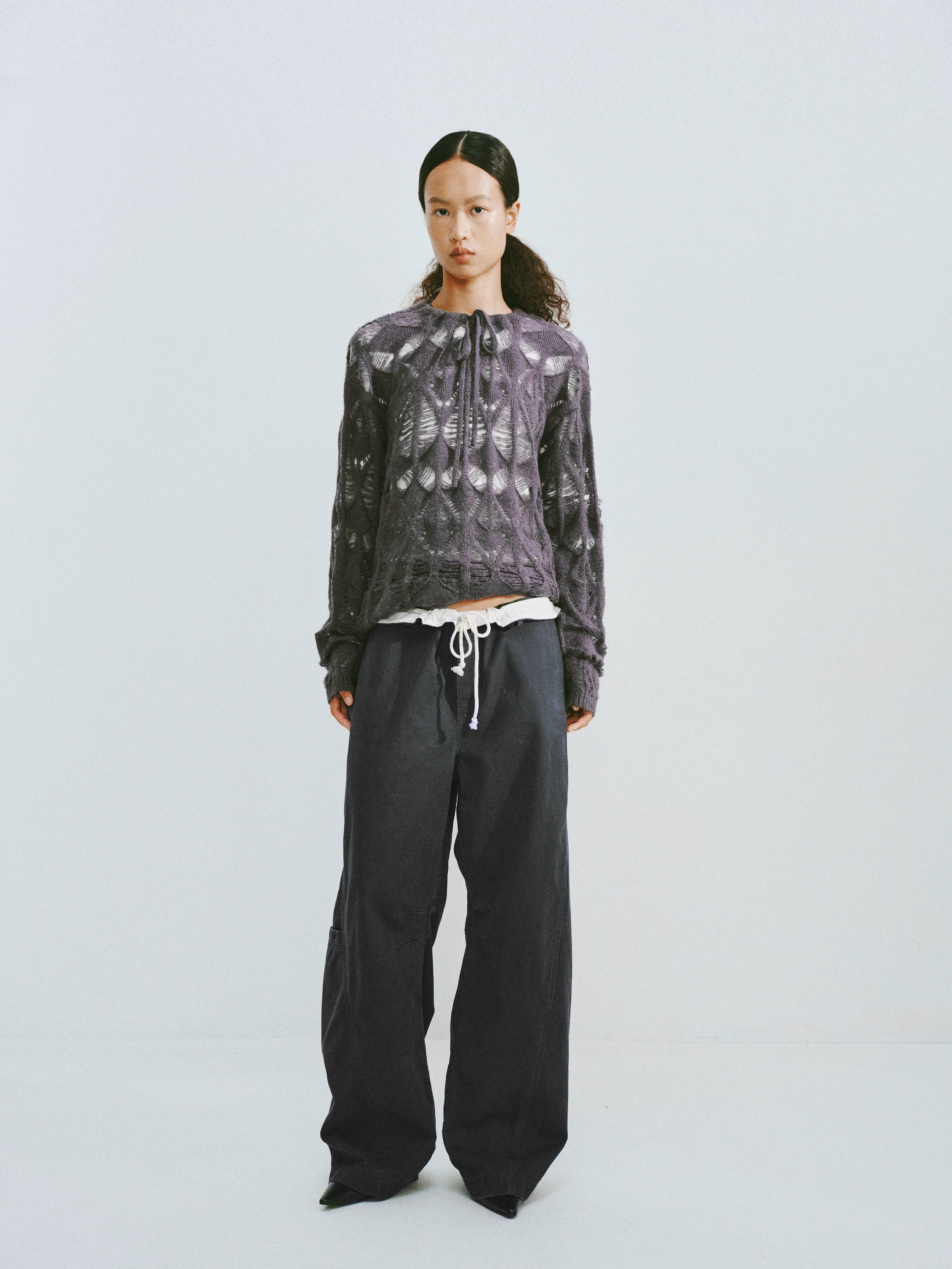 Distressed Diamond Knit Wool Pullover