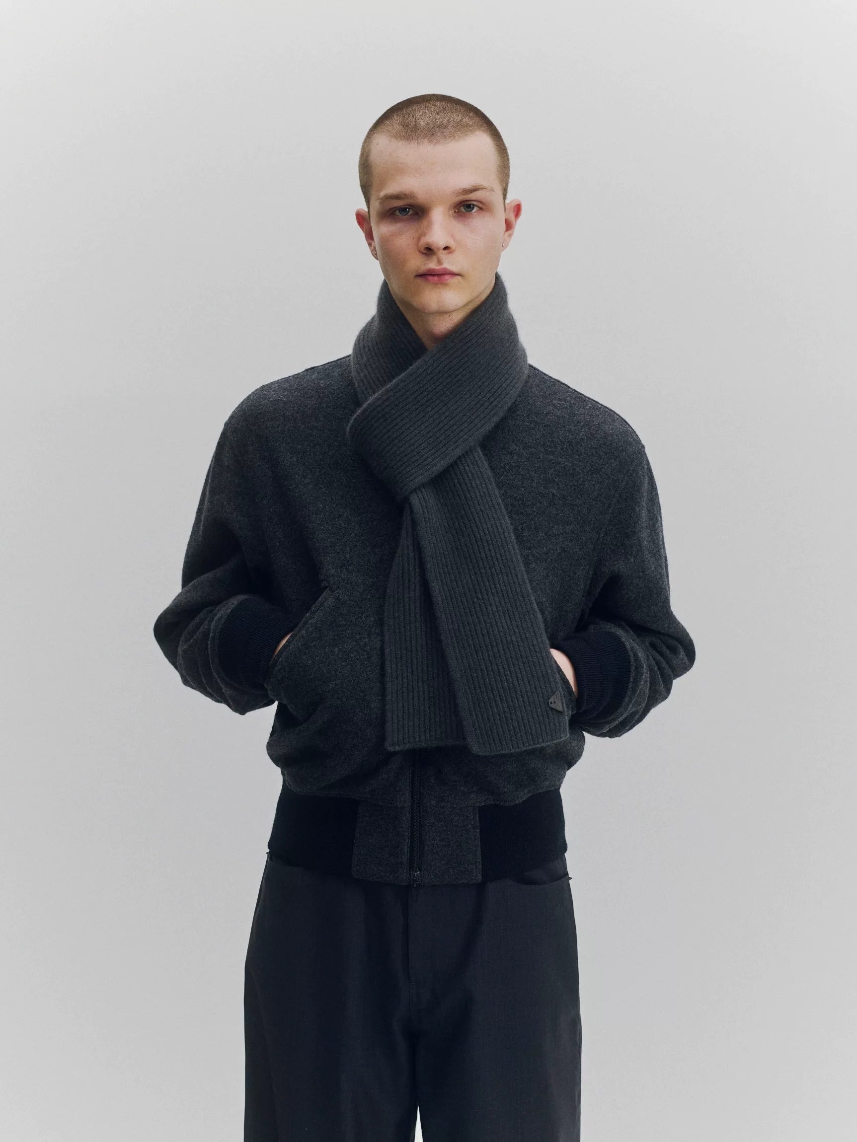Wool Blend Ribbed Bomber Jacket