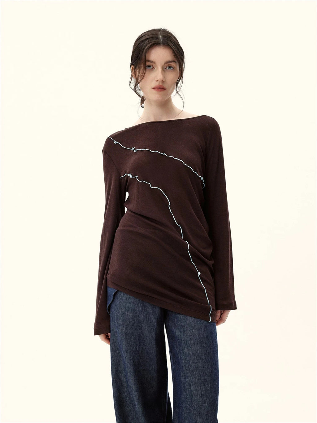 Asymmetrical Contrast-Stitch Wool Knit Top