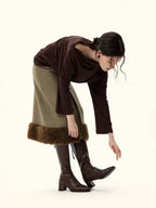 Faux Fur Trimmed A-Line Midi Skirt