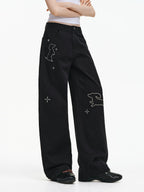 Embroidered Puppy Motif Wide-Leg Trousers