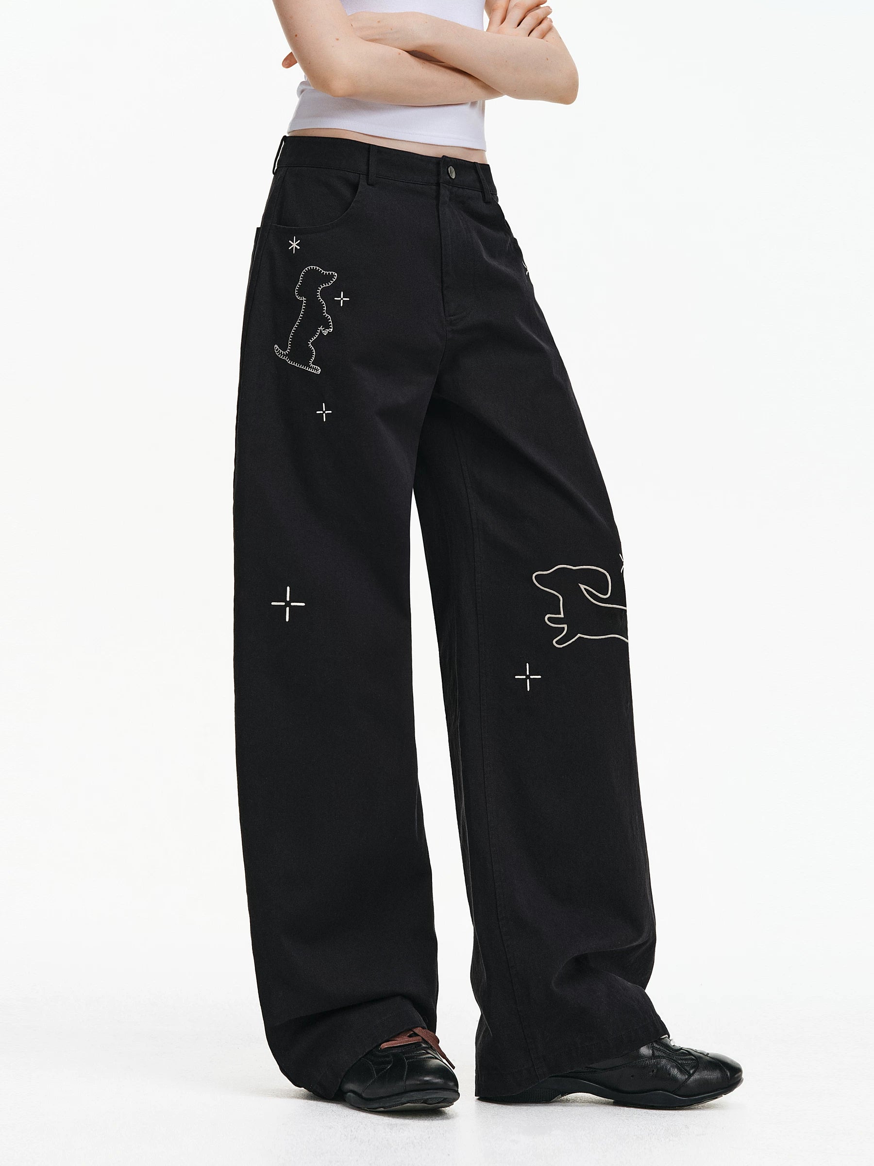 Embroidered Puppy Motif Wide-Leg Trousers