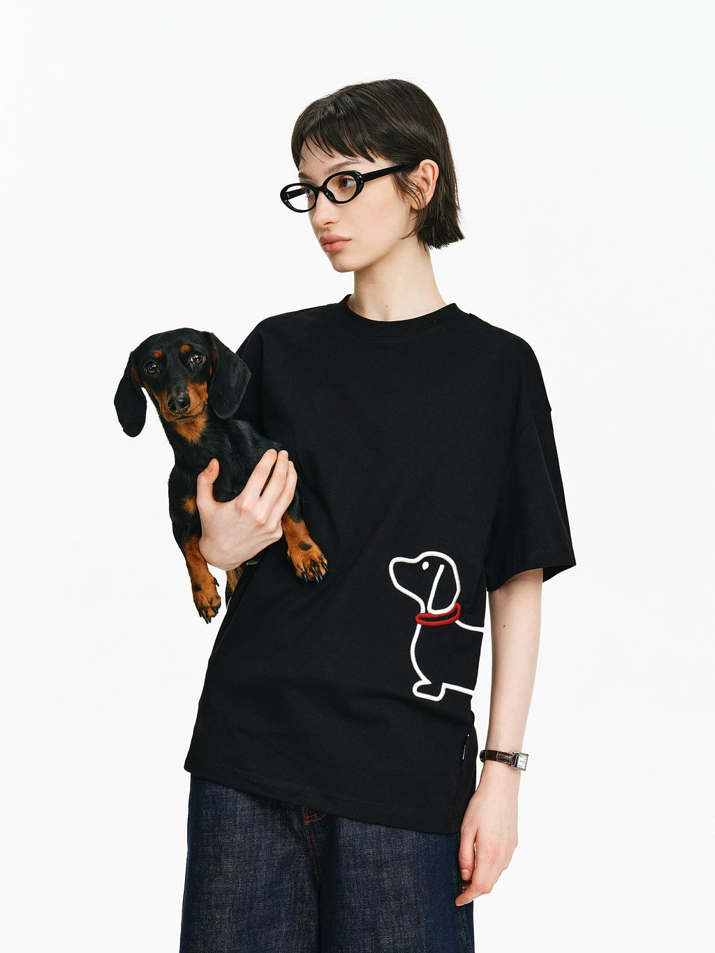 Embroidered Puppy Graphic Cotton T-Shirt