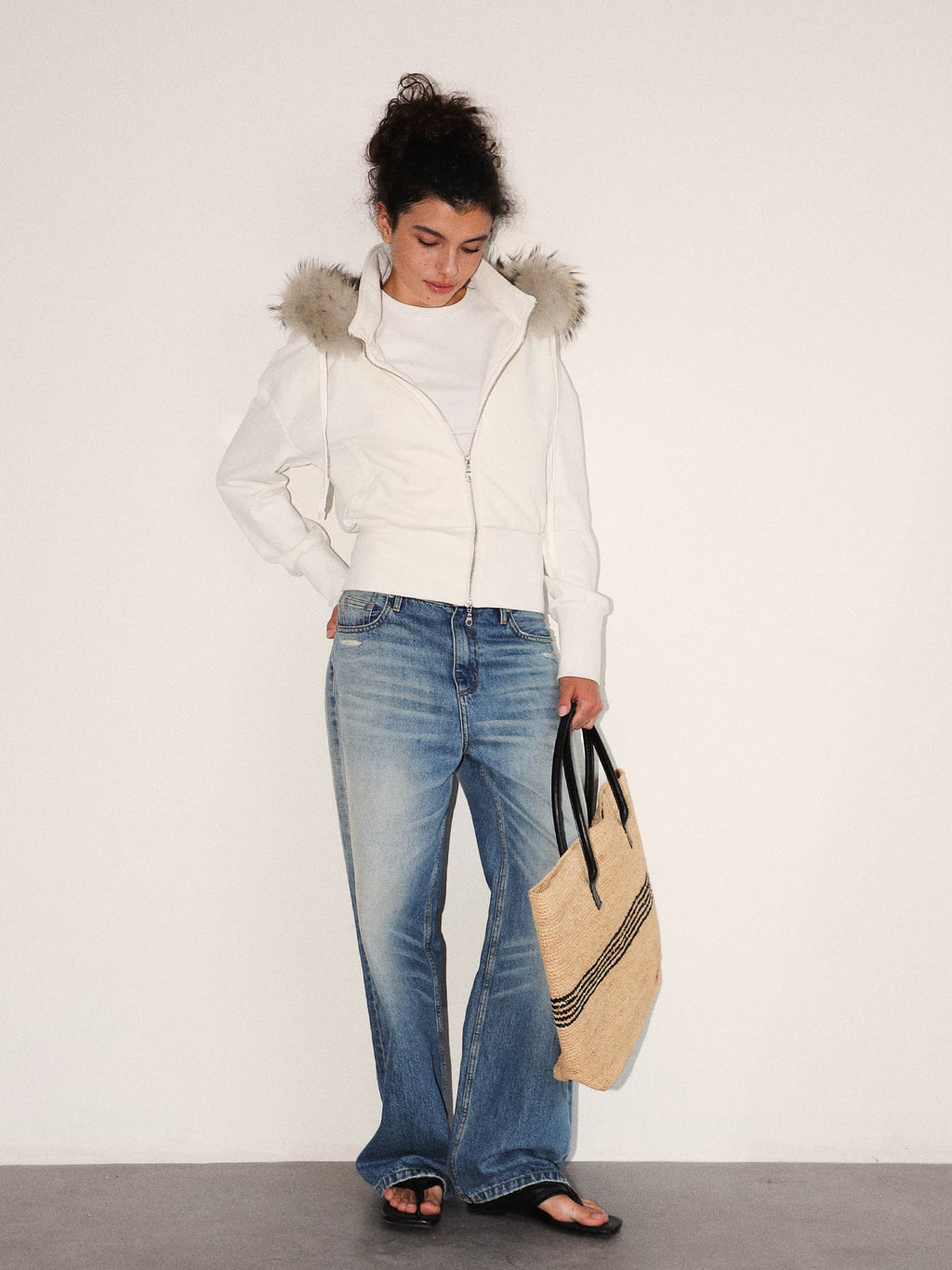 Cropped Fur-Trimmed Zip-Up Hoodie