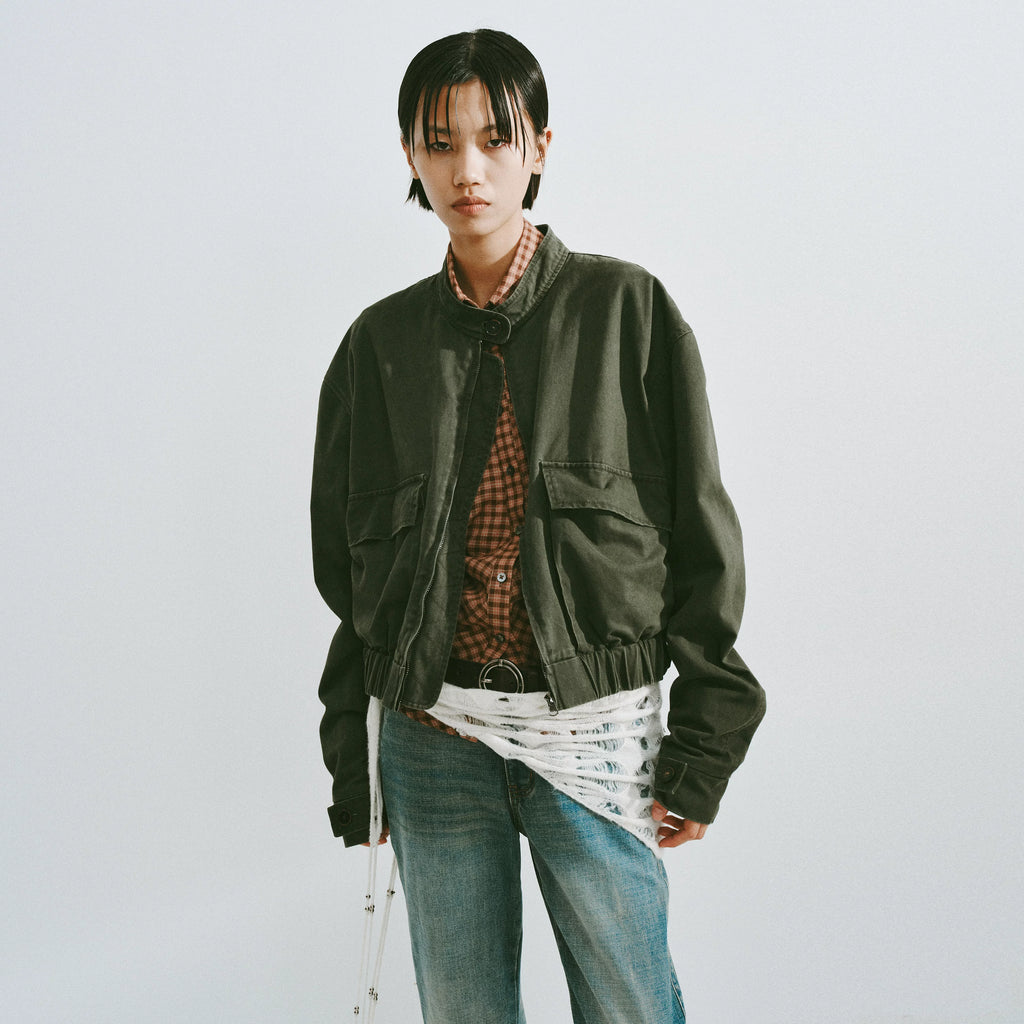 Washed Cotton Stand-Collar Bomber Jacket