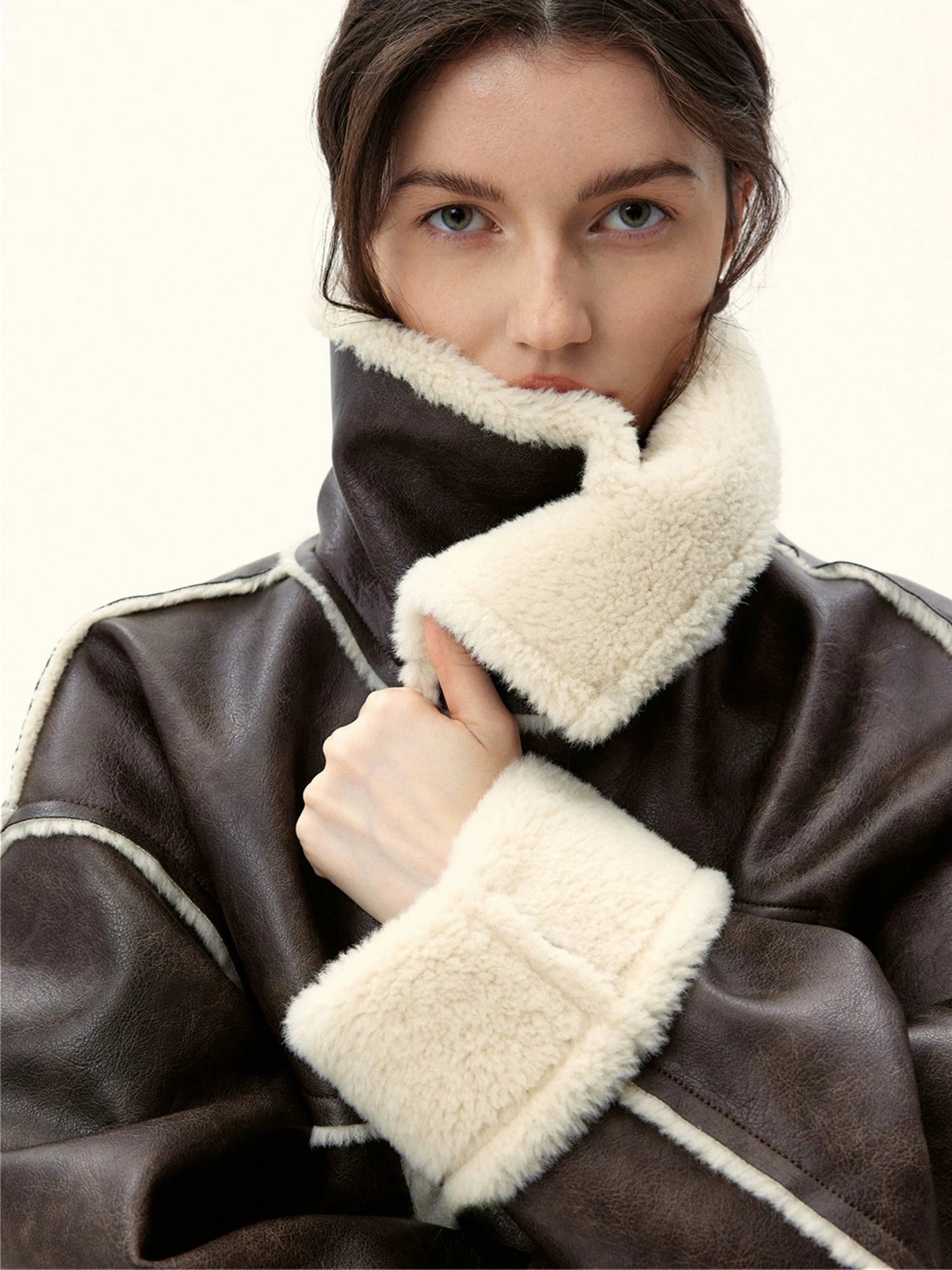 Oversized Shearling-Lined Leather Coat