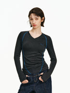 Contrast Stitch V-Neck Long Sleeve Top