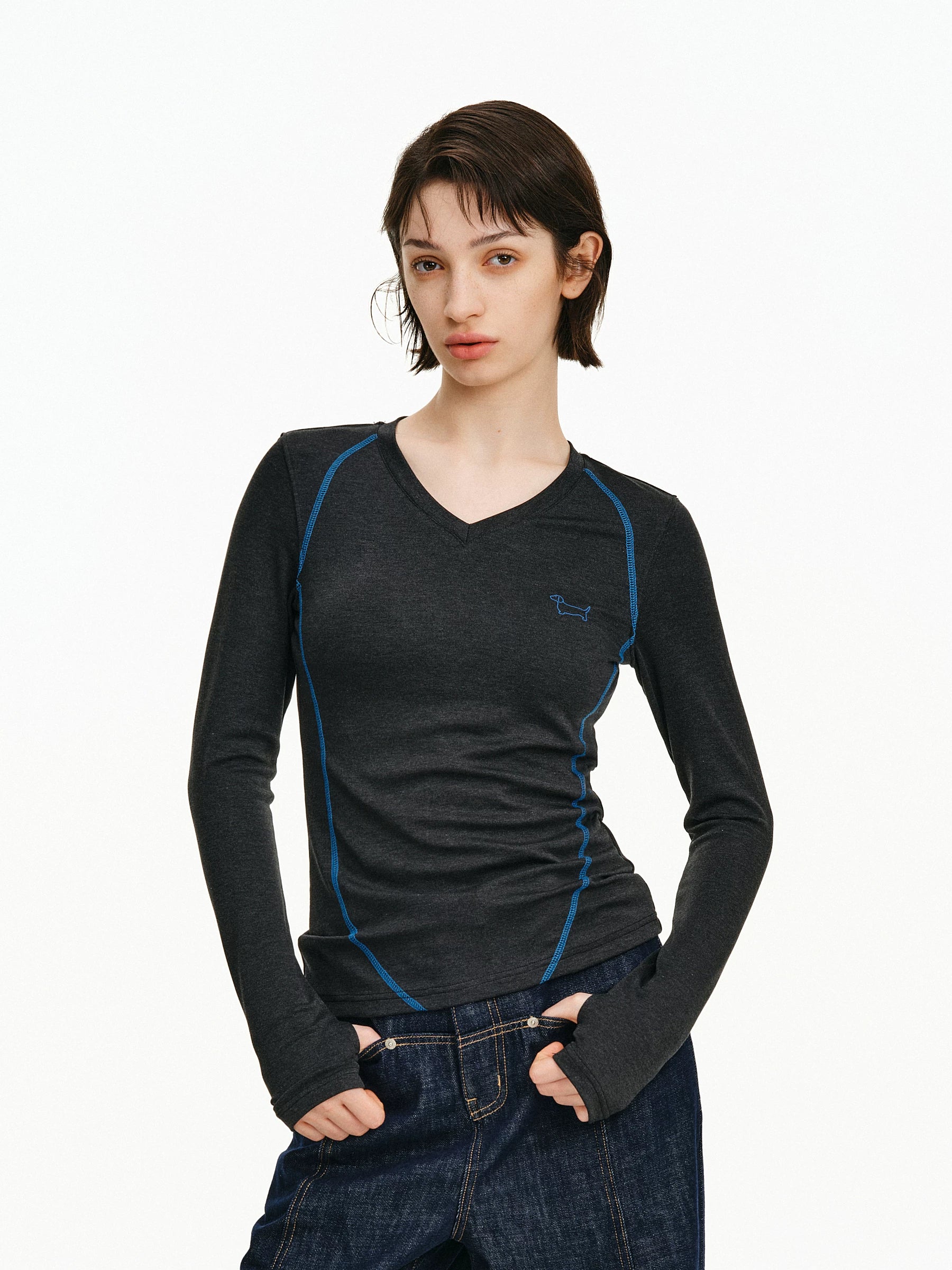 Contrast Stitch V-Neck Long Sleeve Top