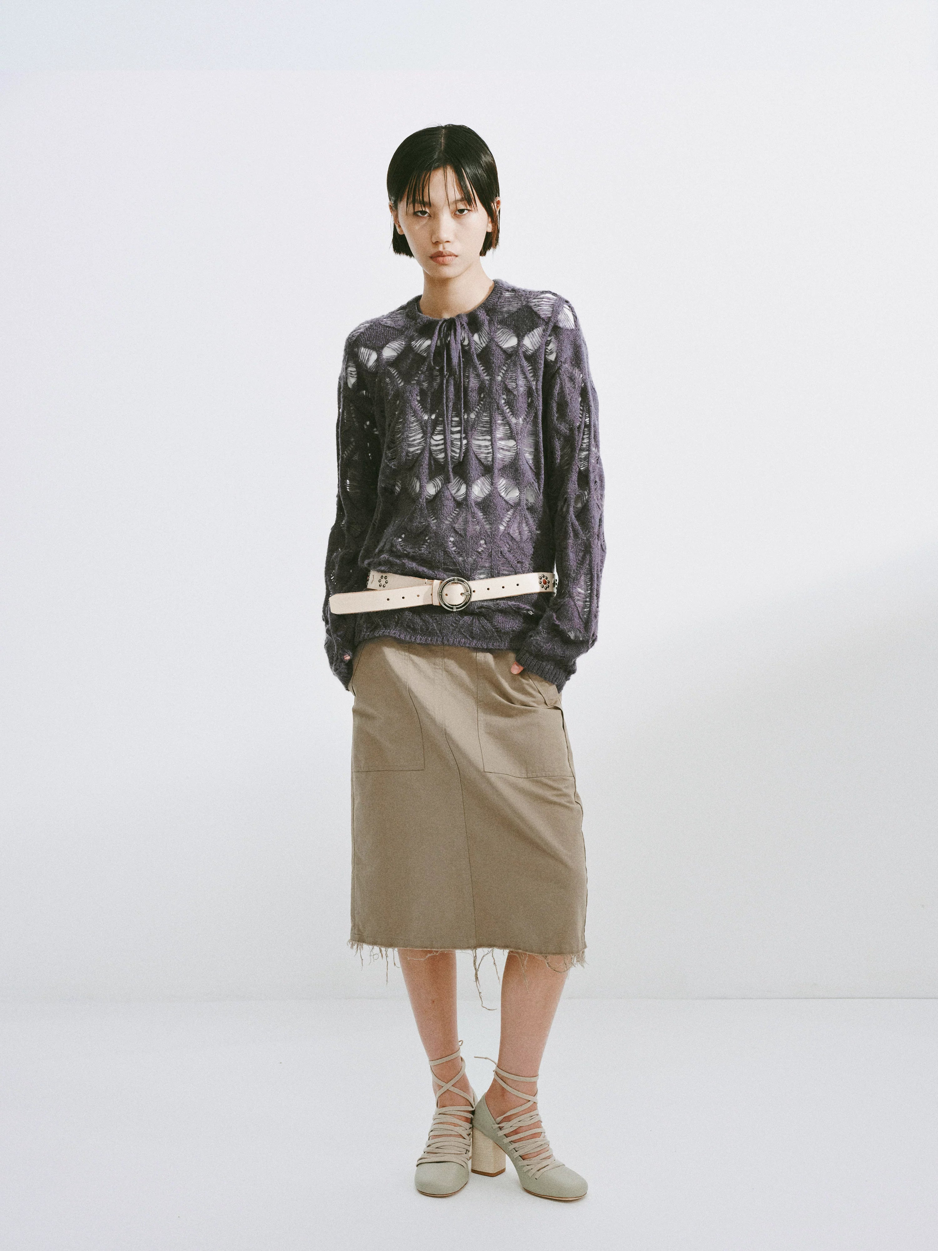 Distressed Diamond Knit Wool Pullover