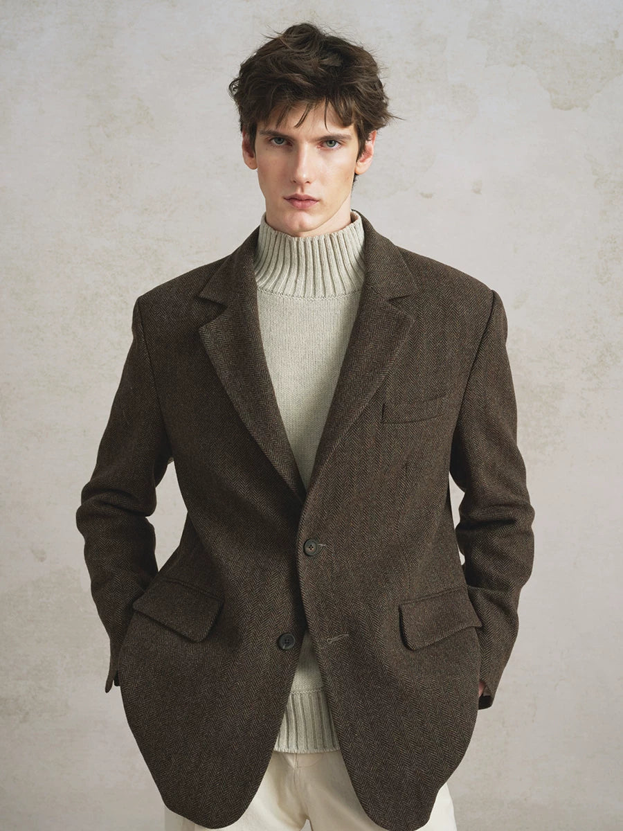 Herringbone Wool Blend Oversized Blazer