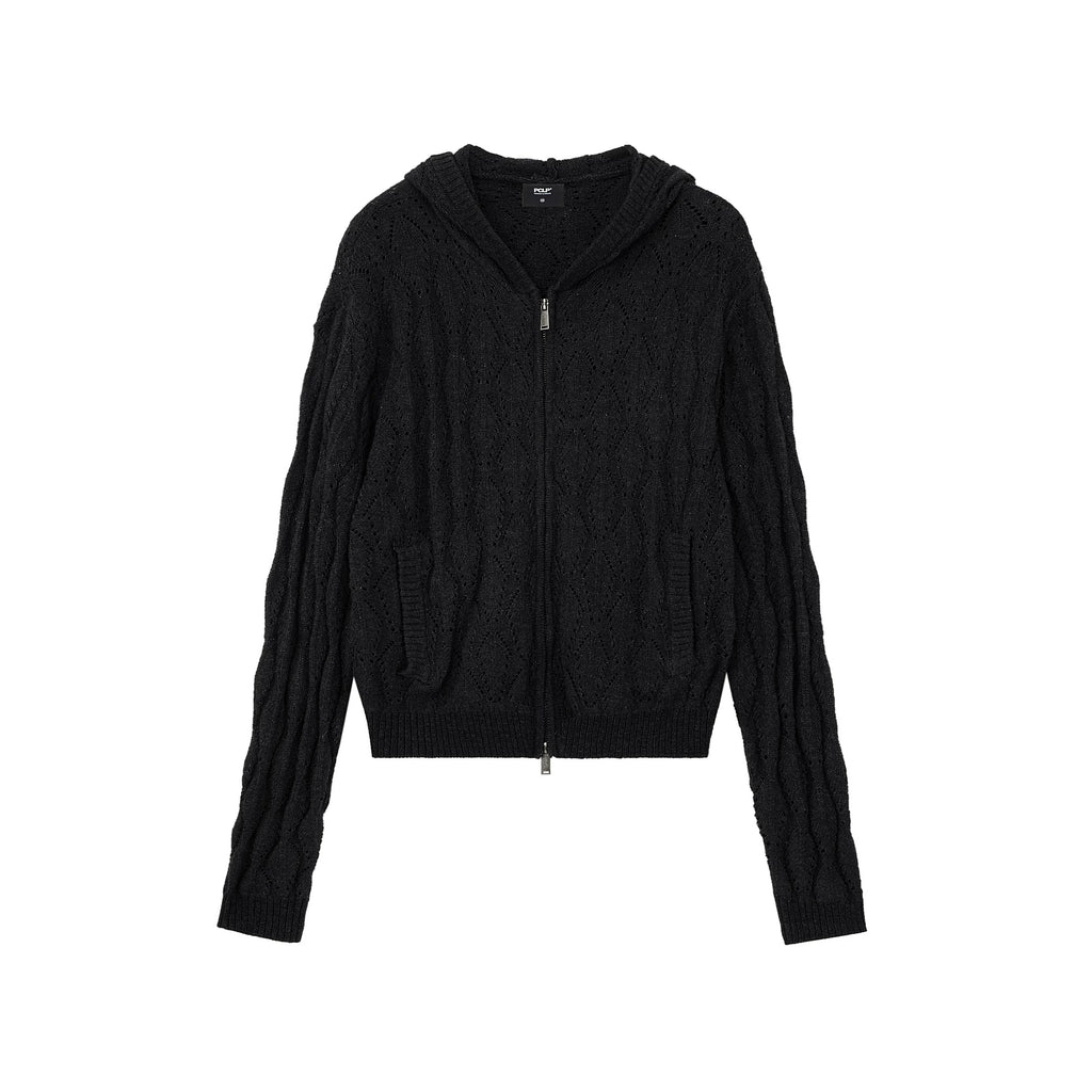 Diamond Knit Hooded Zip-Up Cardigan
