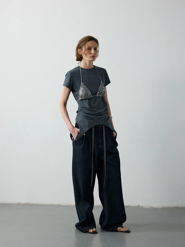 Asymmetric Pleated Cotton T-Shirt With Sequin Overlay