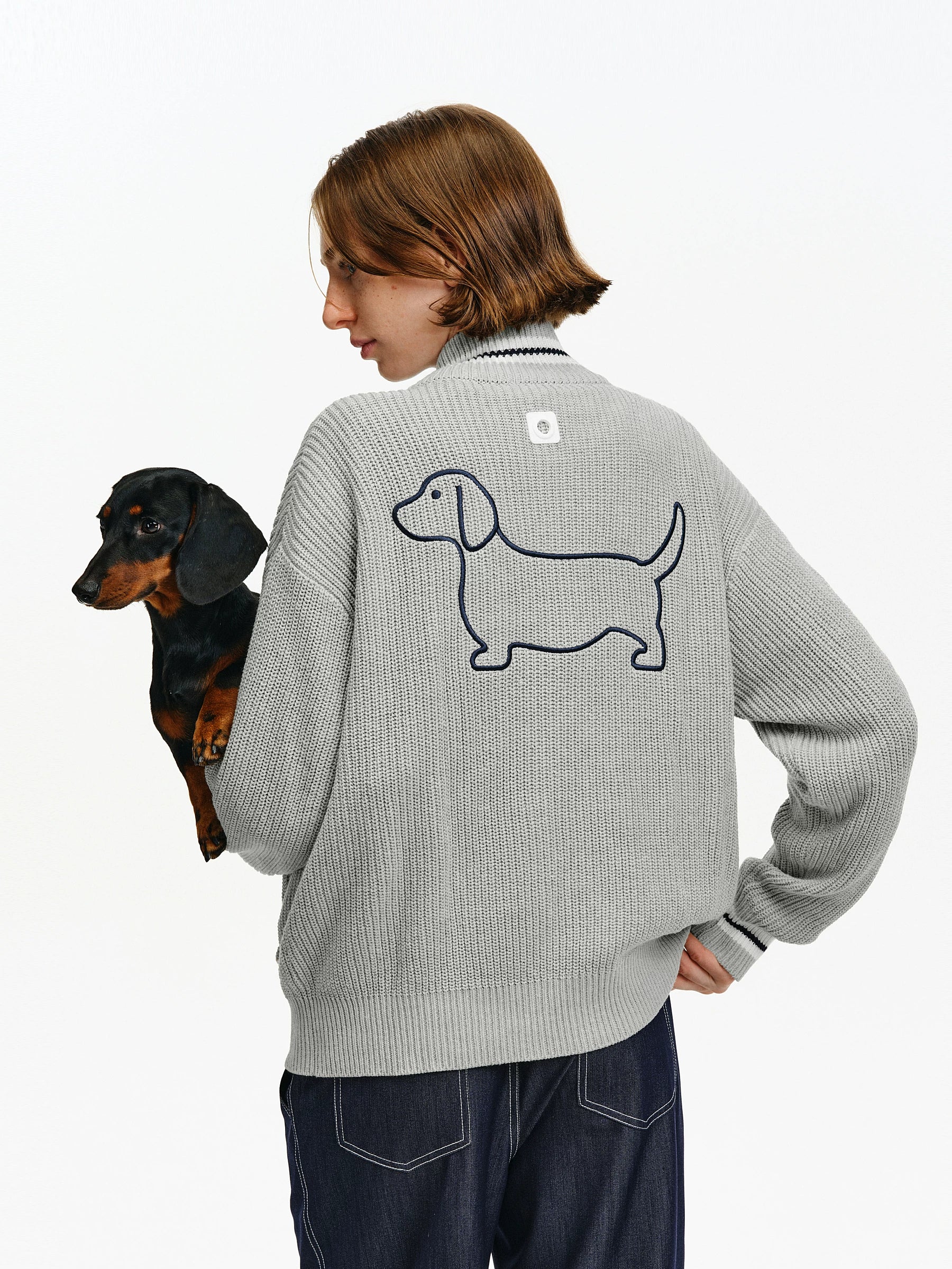 Embroidered Puppy Zip-Up Knit Cardigan