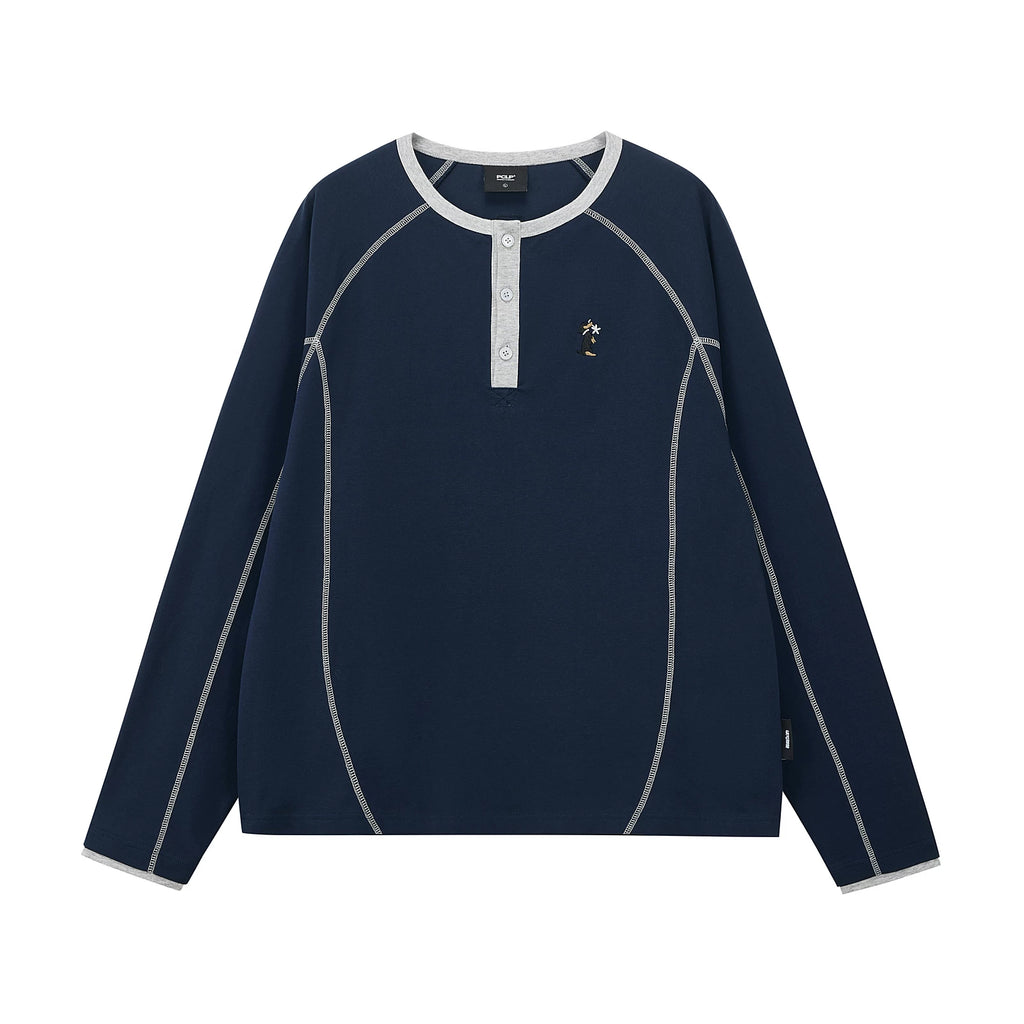 Contrast Stitch Henley Long-Sleeve Top