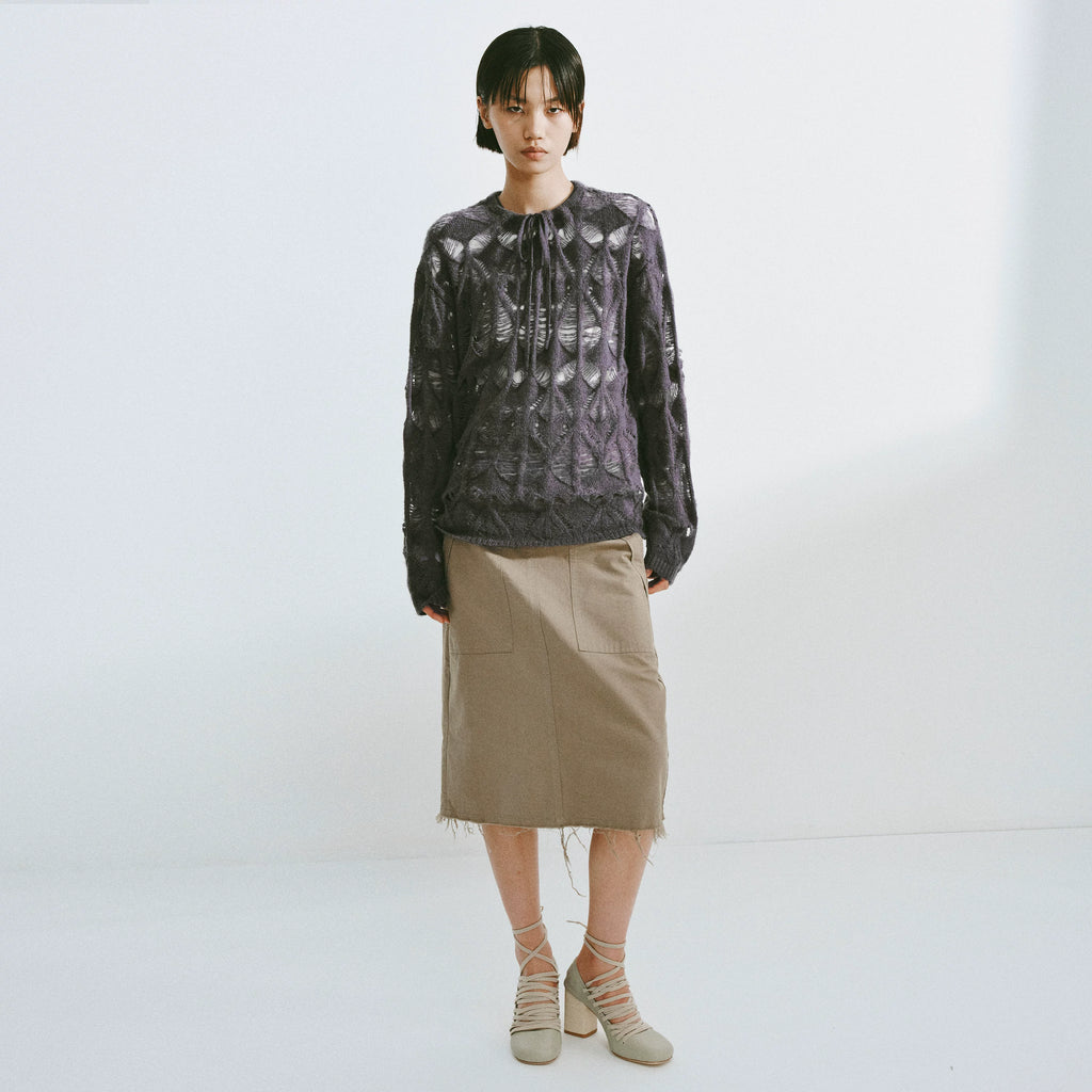 Distressed Diamond Knit Wool Pullover