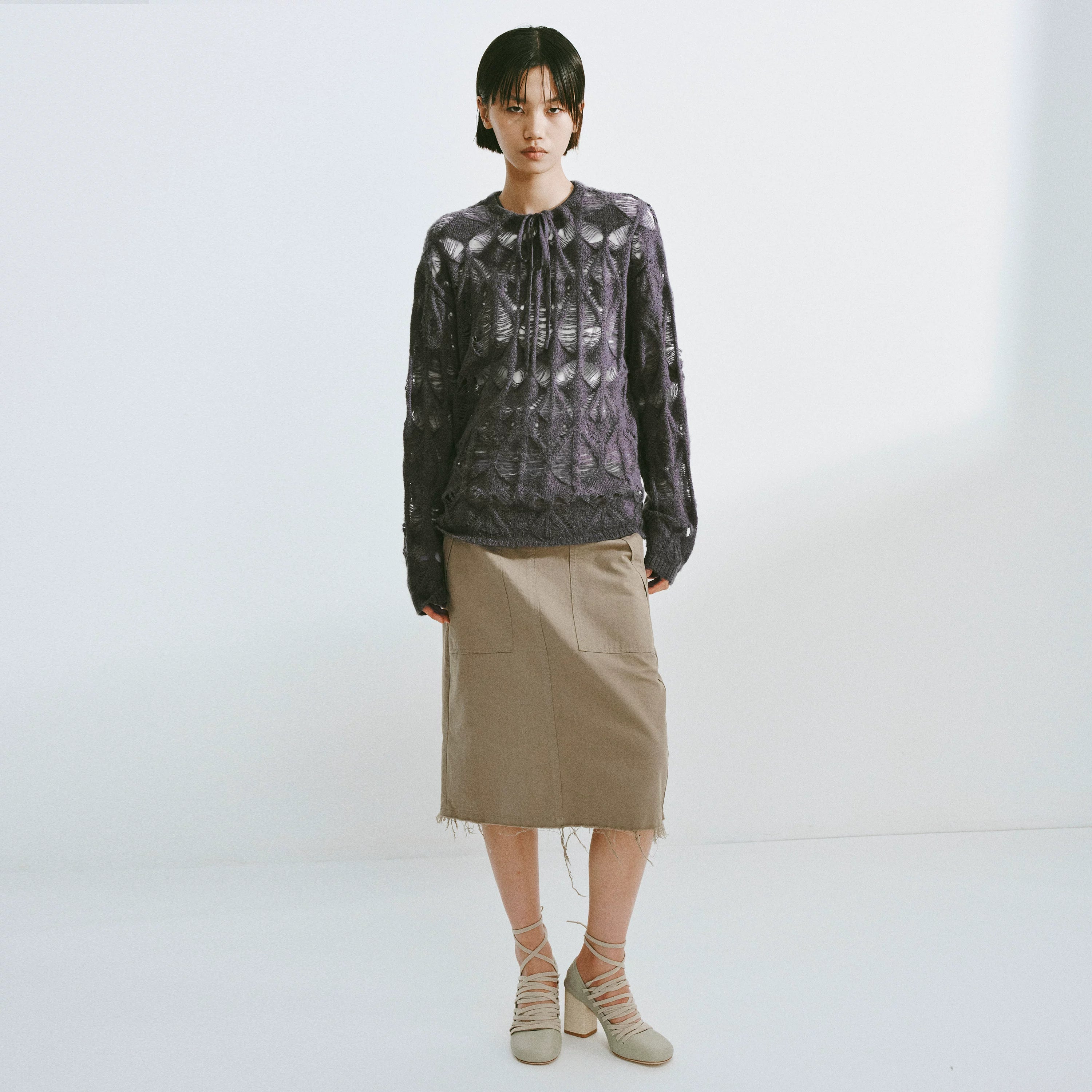 Distressed Diamond Knit Wool Pullover