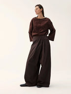 Suede Pleated Wide-Leg Trousers