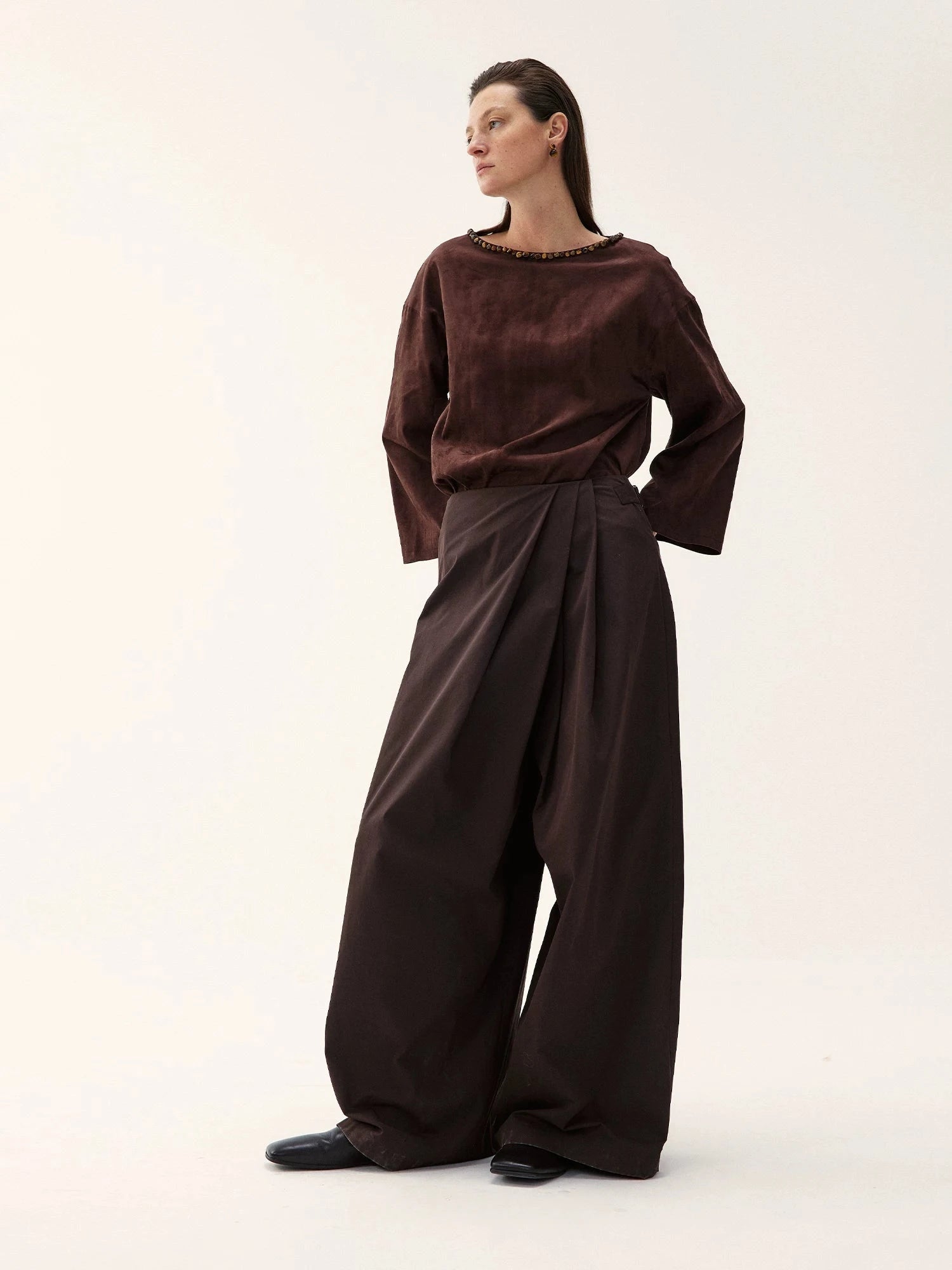 Suede Pleated Wide-Leg Trousers