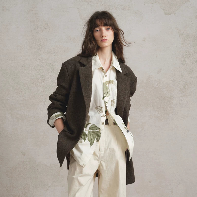 Herringbone Wool Blend Oversized Blazer