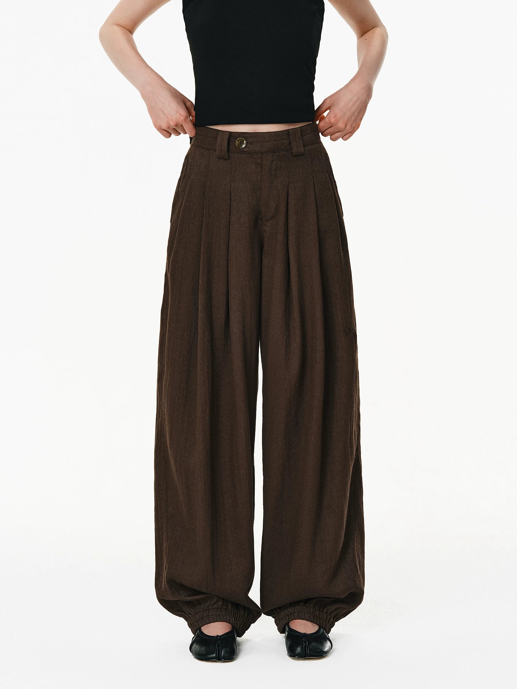 Linen Blend Pleated Wide-Leg Trousers