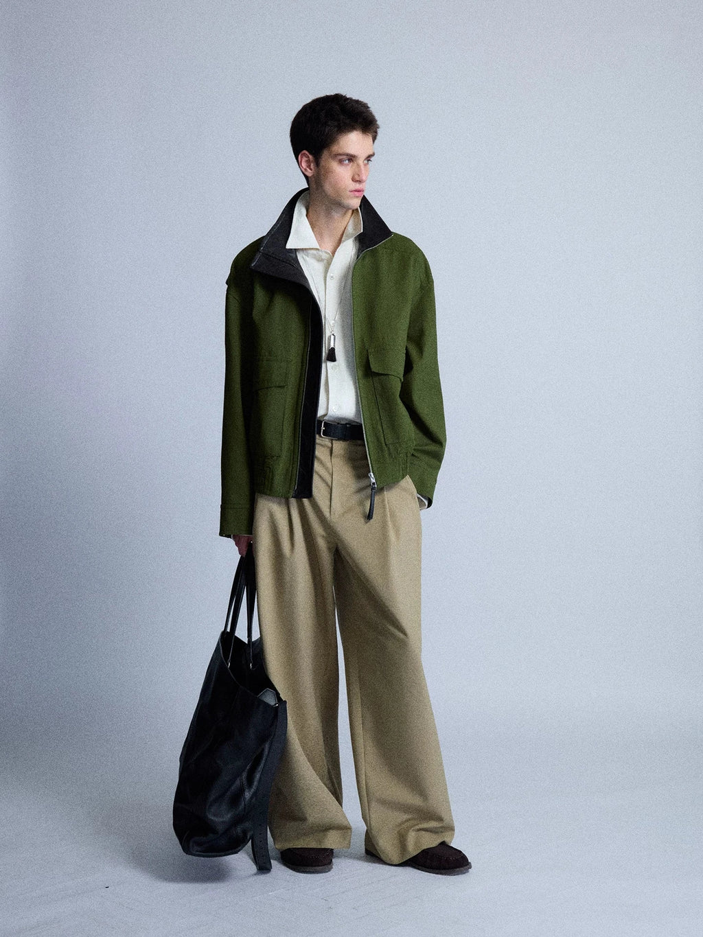 Leather-Trimmed Wool Blend Bomber Jacket