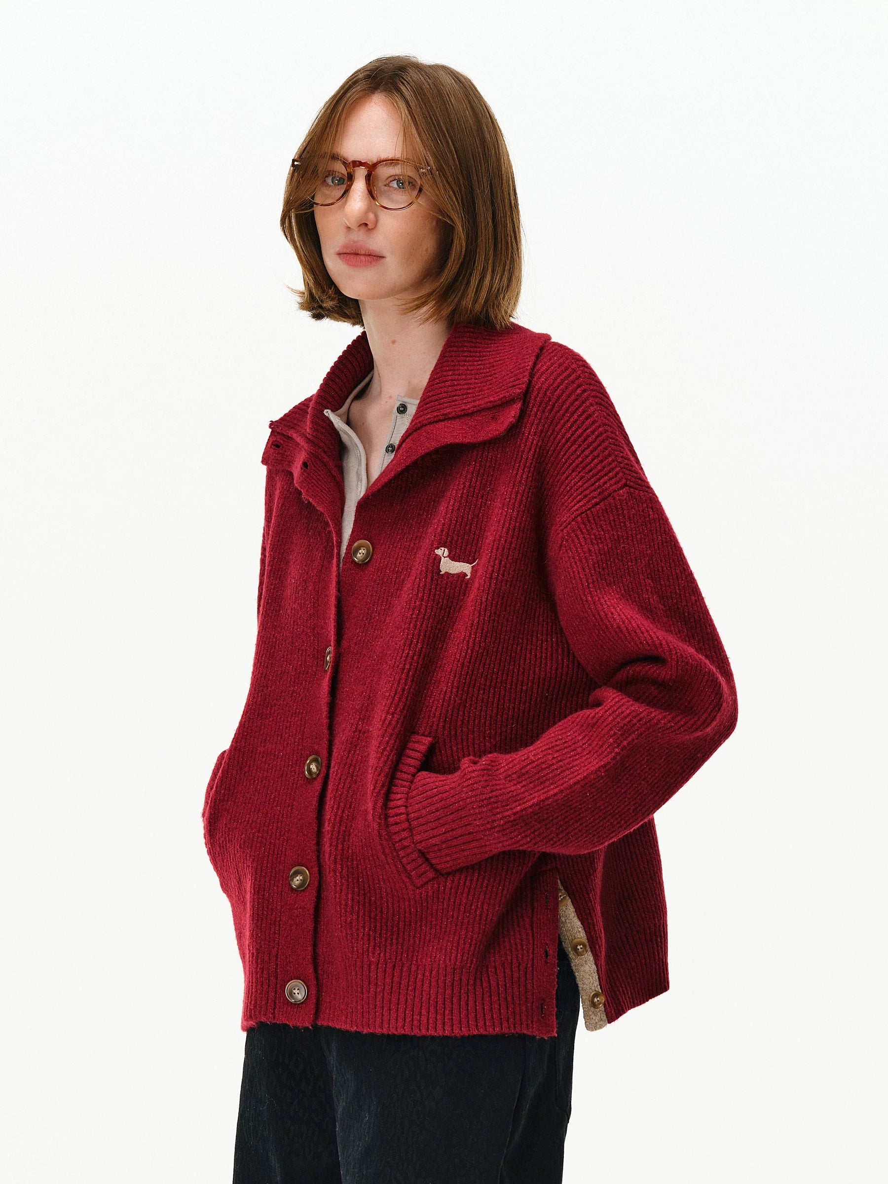 Wool Blend Embroidered Turtleneck Cardigan
