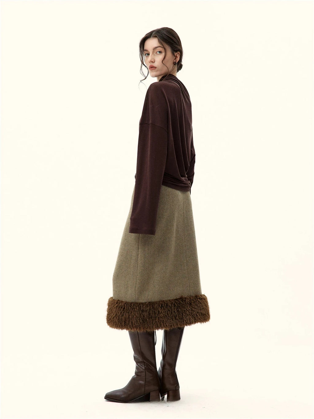 Faux Fur Trimmed A-Line Midi Skirt