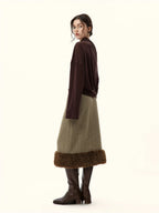 Faux Fur Trimmed A-Line Midi Skirt