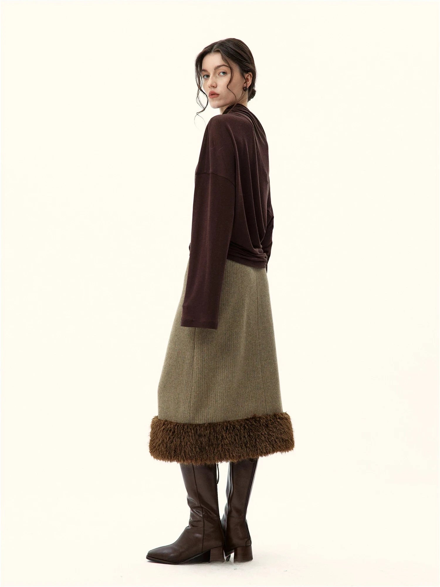 Faux Fur Trimmed A-Line Midi Skirt