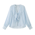 Ruffled V-Neck Striped Tencel Shirt