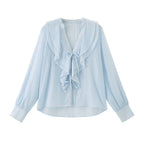 Ruffled V-Neck Striped Tencel Shirt
