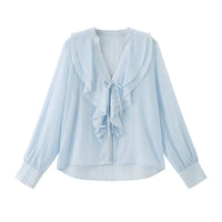 Ruffled V-Neck Striped Tencel Shirt
