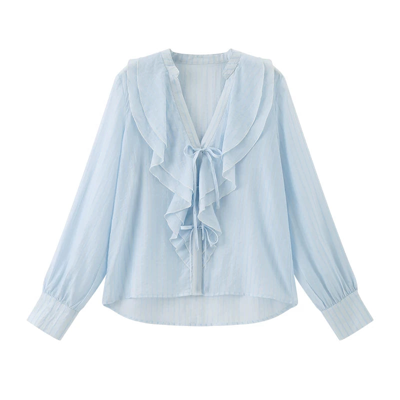 Ruffled V-Neck Striped Tencel Shirt