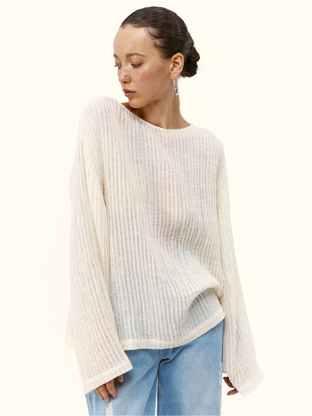 Linen Textured Oversized Long-Sleeve Top