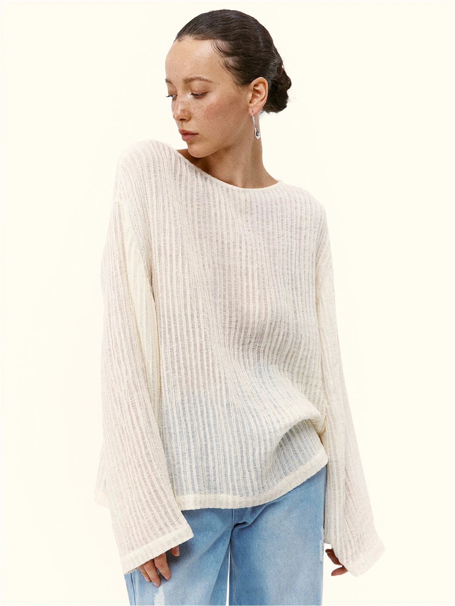 Linen Textured Oversized Long-Sleeve Top