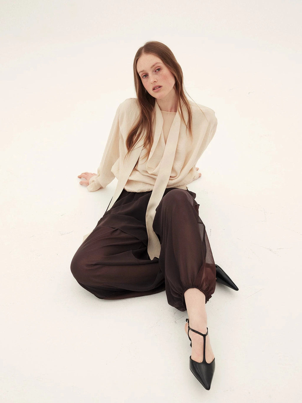 Triacetate Ribbon-Tie Draped Blouse