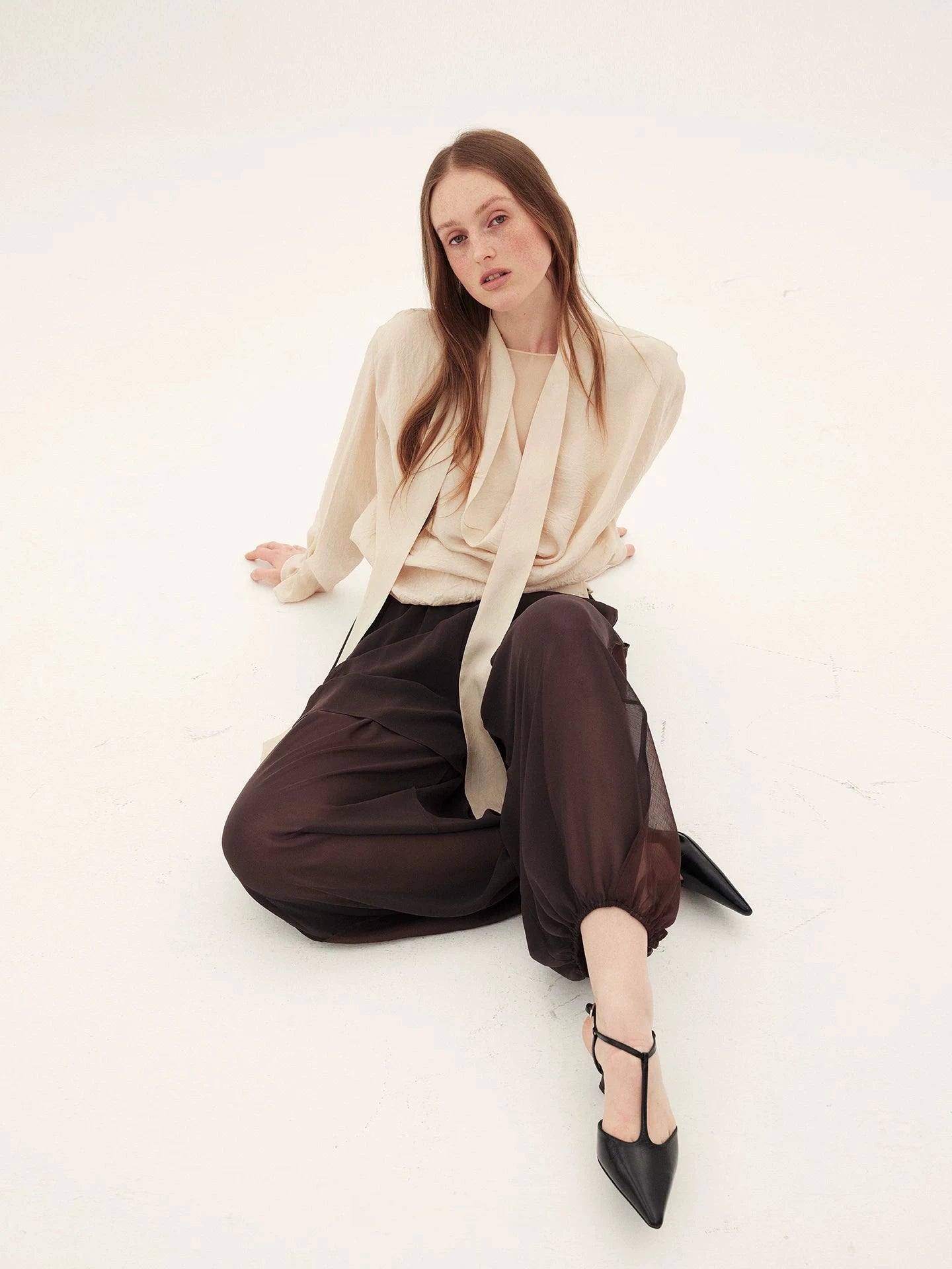 Triacetate Ribbon-Tie Draped Blouse