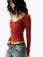 Lace-Trimmed Twist-Front Long Sleeve Top