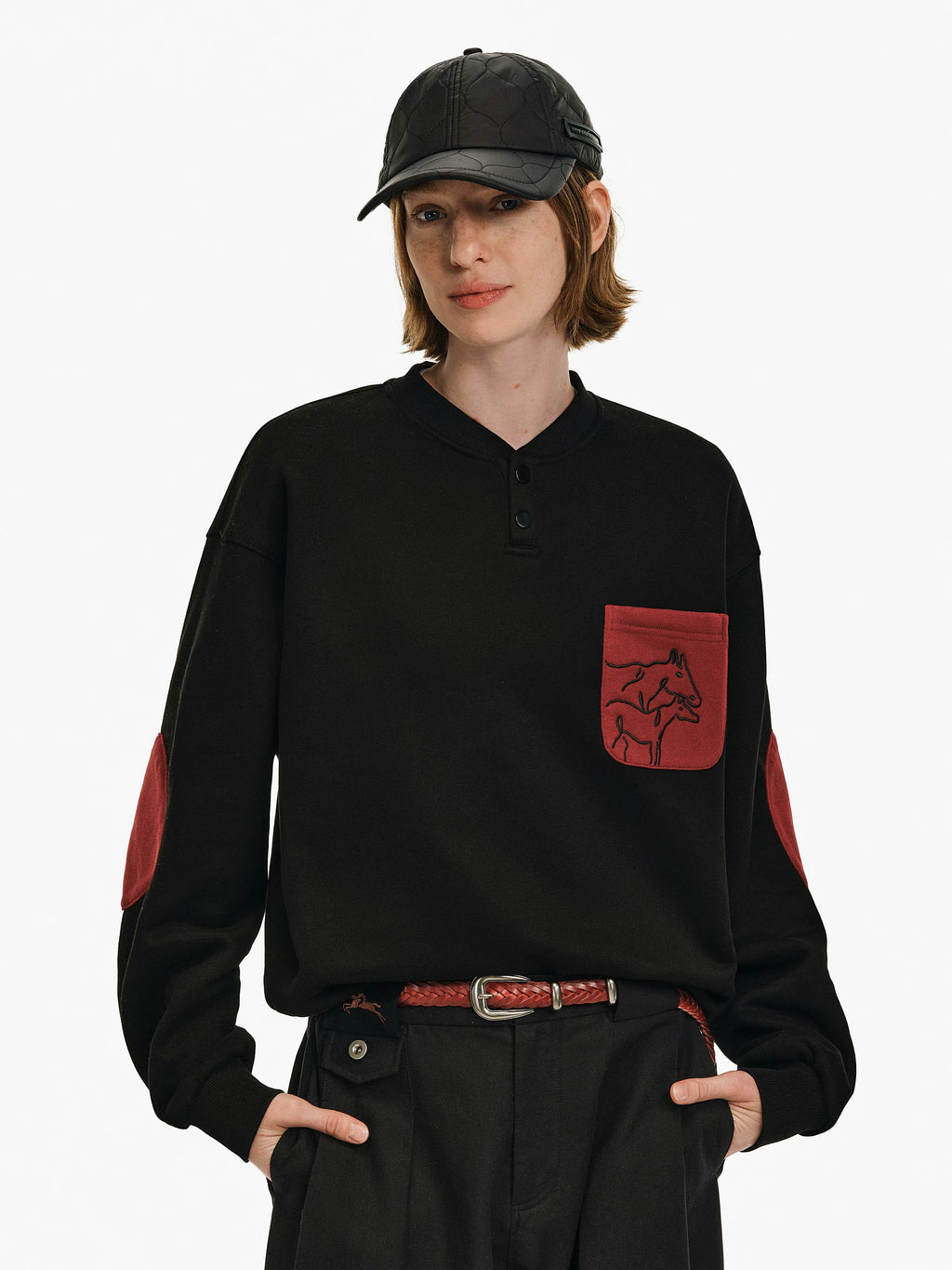 Horse Motif Color-Block Henley Sweatshirt