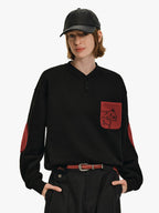 Horse Motif Color-Block Henley Sweatshirt