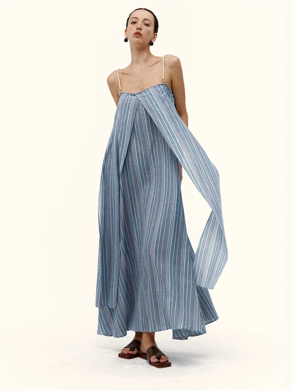 Striped Linen Maxi Dress With Pearl Straps