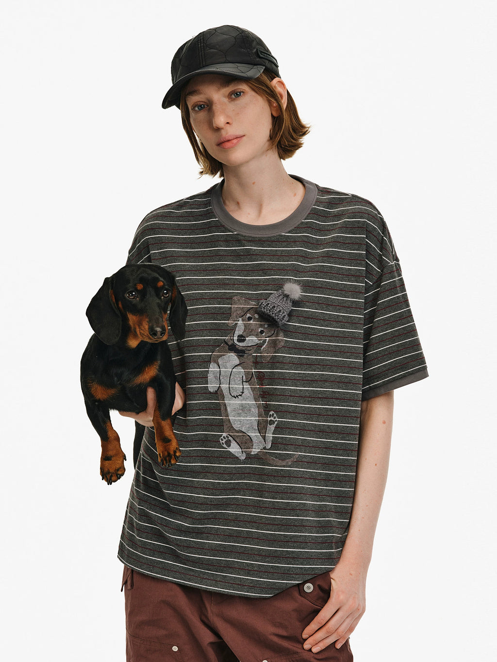 Dachshund Graphic Striped Cotton T-Shirt
