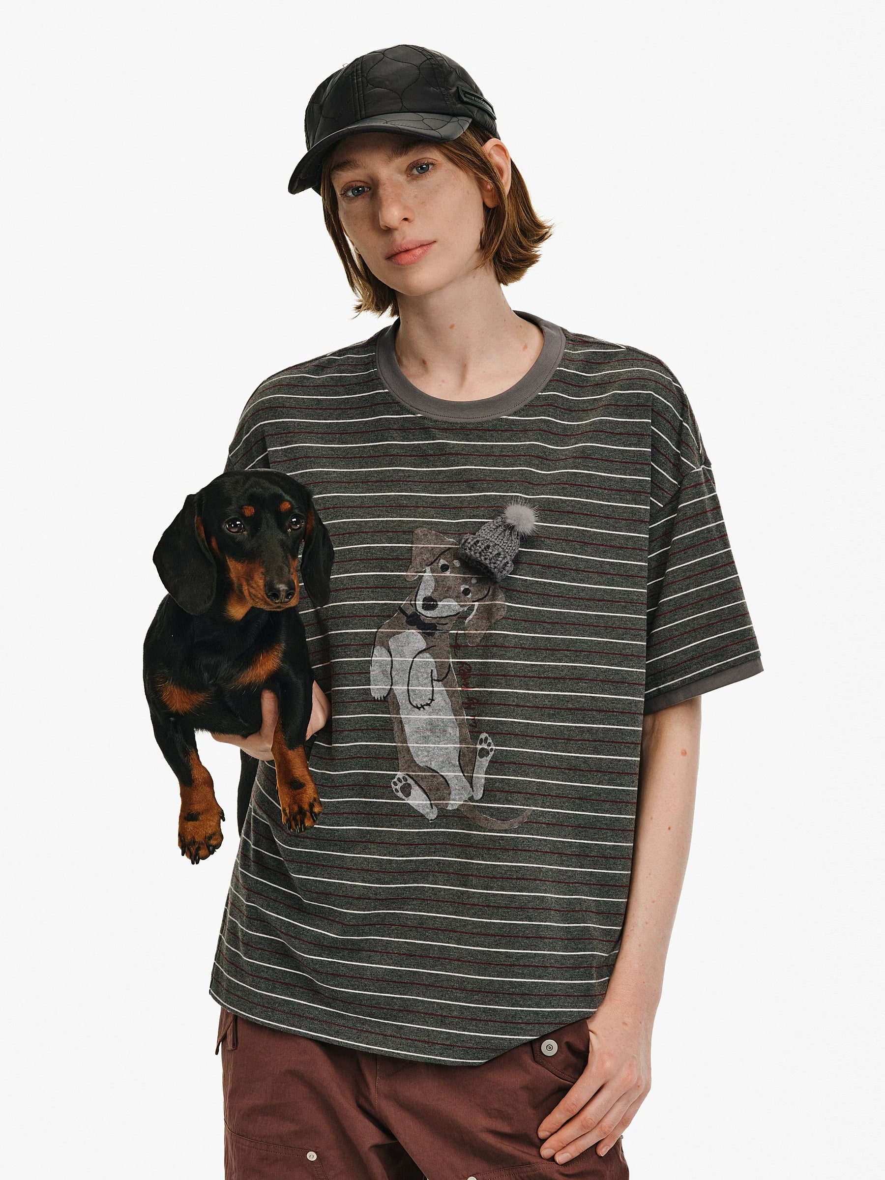 Dachshund Graphic Striped Cotton T-Shirt