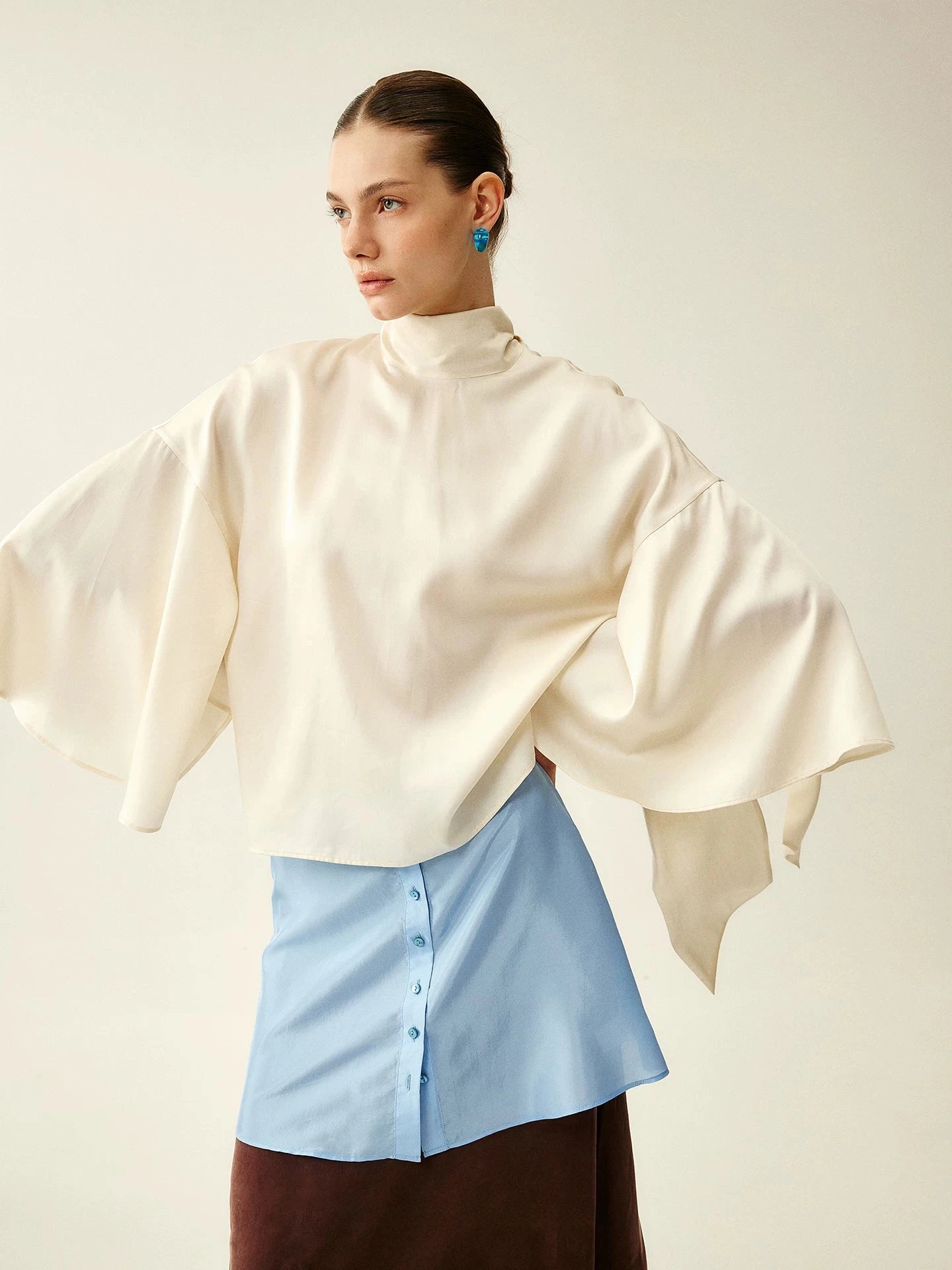 Silk Satin Tie-Neck Bell-Sleeve Blouse