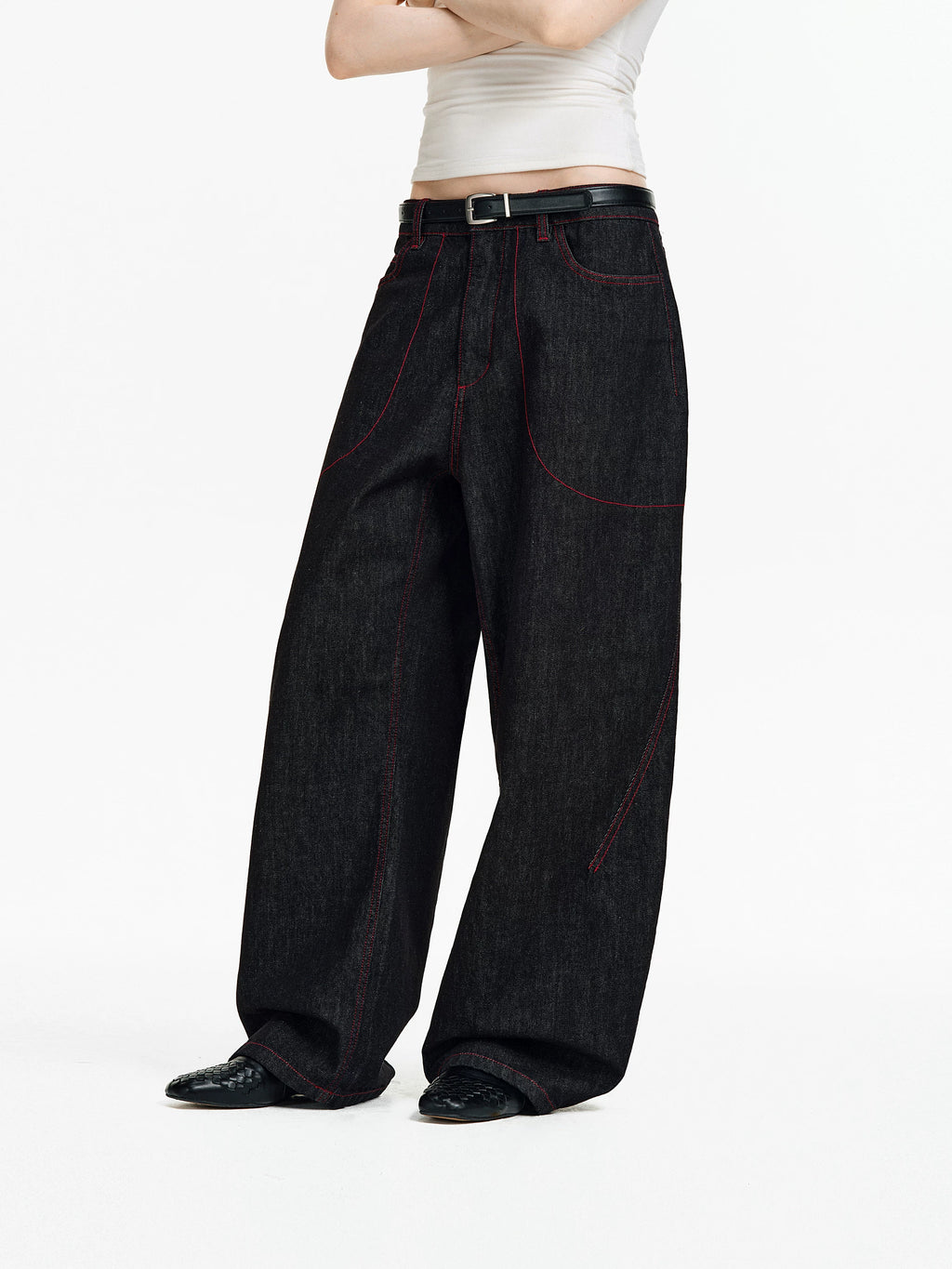 Contrast Stitch Wide-Leg Denim Jeans